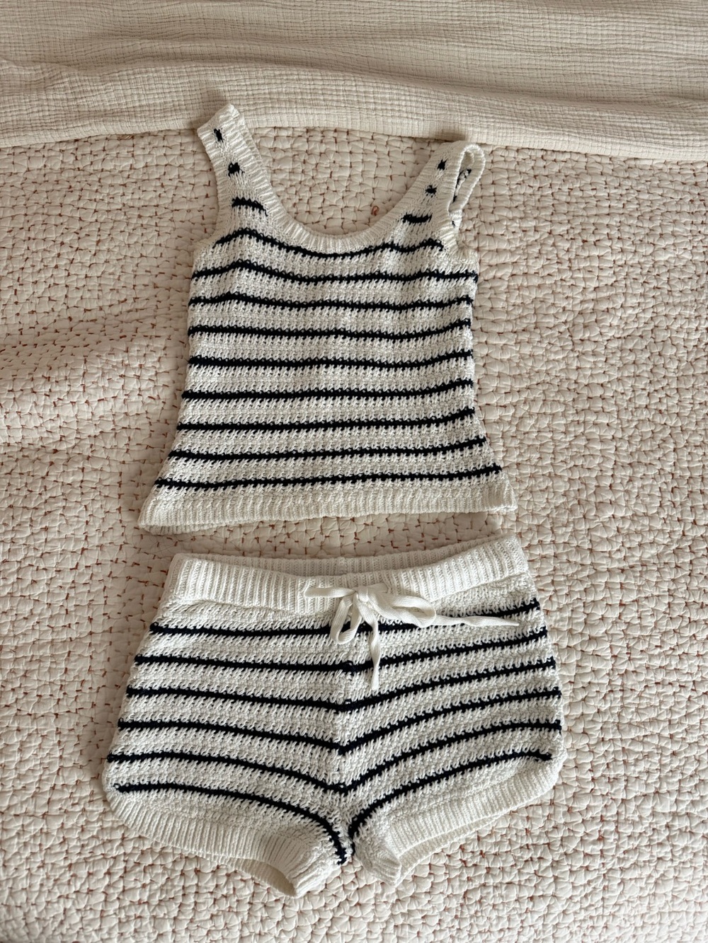 Striped Knit Tank & Short Lounge Set - White & Black